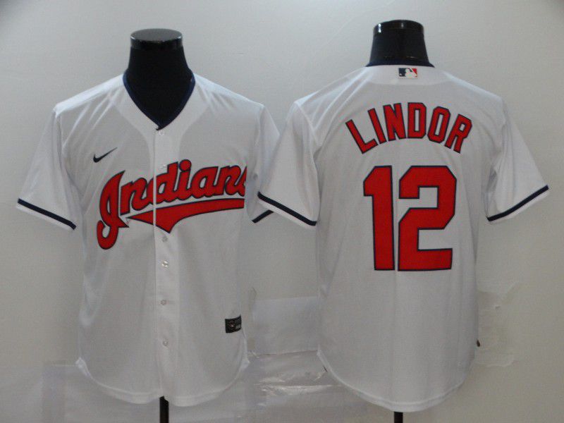 Men Cleveland Indians #12 Lindor White Nike Game MLB Jerseys